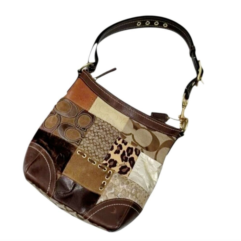 Vintage Coach Animal Print Patchwork Suede, Leather, Canvas & Velvet Hobo Bag - Picture 5 of 15